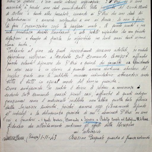 Prefettura, Gabinetto, II versamento, II elenco, B. 64 
Potenza, Laurenzana, Rotonda, novembre 1943 – dicembre 1943
“Istanze dirette all’A.M.G.”
Lettere manoscritte inviate da alcuni cittadini di Laurenzana e di Rotonda al Comando Amgot di Potenza (Sede provinciale del Governo militare alleato dei territori occupati) per denunciare la presenza nel territorio lucano delle autorità fasciste. In una delle due missive si legge “Esponiamo una sola parte delle cause che ci spingono a chiedere la pronta liberazione dalla rimanente zavorra fascista [,,,]. Le porte delle case di Rotonda riportano ancora i segni dei manifesti Fine della egemonia inglese mentre diversi cittadini conservano i biglietti di partecipazione alle nozze della Signorina Italia con l’alleata Germania”.