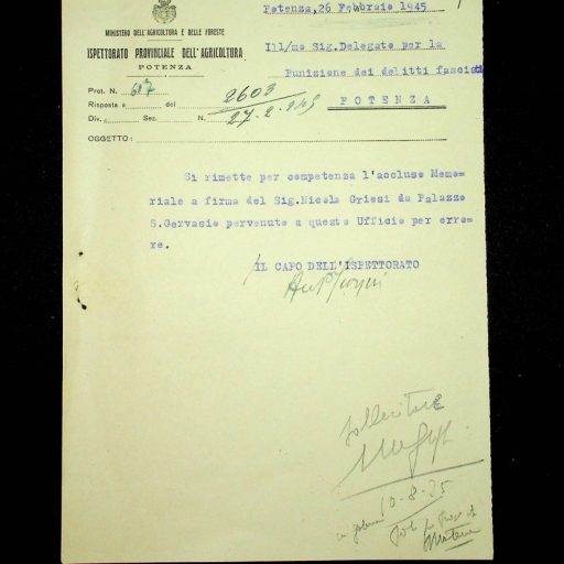 Prefettura, Gabinetto, II versamento, II elenco, B. 11 
“Denunzia a carico di Wertmuller Luigi”
Potenza, 16 febbraio 1945 - 26 febbraio 1945 
Memoriale a firma del Sig. Nicola Griesi di Palazzo San Gervasio inviato alla Delegazione per la punizione dei delitti fascisti di Potenza in cui si chiede al Giudice Istruttore di Melfi la giusta condanna soprattutto dell’ex podestà Wertmuller Luigi, capitano della milizia fascista e Comandante del Presidio della Milizia, nonché ex Segretario politico e Presidente del Circolo Littorio. “Ebbene la resa dei conti è giunta finalmente!...”. Si denunciano atti persecutori e azioni delittuose messe in atto, a suo dire, contro gli antifascisti e abusando del proprio potere. 