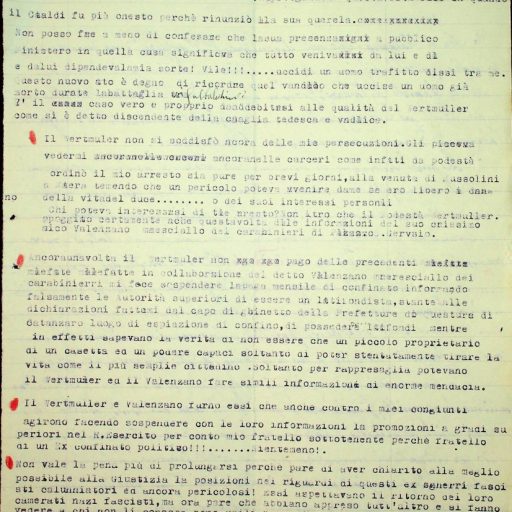 Prefettura, Gabinetto, II versamento, II elenco, B. 11 
“Denunzia a carico di Wertmuller Luigi”
Potenza, 16 febbraio 1945 - 26 febbraio 1945 
Memoriale a firma del Sig. Nicola Griesi di Palazzo San Gervasio inviato alla Delegazione per la punizione dei delitti fascisti di Potenza in cui si chiede al Giudice Istruttore di Melfi la giusta condanna soprattutto dell’ex podestà Wertmuller Luigi, capitano della milizia fascista e Comandante del Presidio della Milizia, nonché ex Segretario politico e Presidente del Circolo Littorio. “Ebbene la resa dei conti è giunta finalmente!...”. Si denunciano atti persecutori e azioni delittuose messe in atto, a suo dire, contro gli antifascisti e abusando del proprio potere. 
