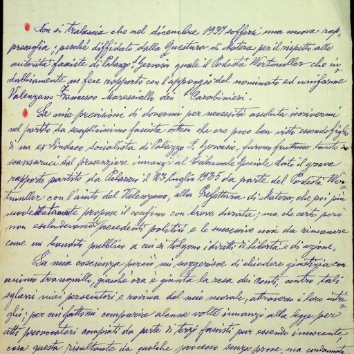 Prefettura, Gabinetto, II versamento, II elenco, B. 11 
“Denunzia a carico di Wertmuller Luigi”
Potenza, 16 febbraio 1945 - 26 febbraio 1945 
Memoriale a firma del Sig. Nicola Griesi di Palazzo San Gervasio inviato alla Delegazione per la punizione dei delitti fascisti di Potenza in cui si chiede al Giudice Istruttore di Melfi la giusta condanna soprattutto dell’ex podestà Wertmuller Luigi, capitano della milizia fascista e Comandante del Presidio della Milizia, nonché ex Segretario politico e Presidente del Circolo Littorio. “Ebbene la resa dei conti è giunta finalmente!...”. Si denunciano atti persecutori e azioni delittuose messe in atto, a suo dire, contro gli antifascisti e abusando del proprio potere. 