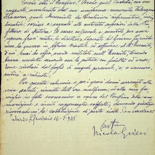 Prefettura, Gabinetto, II versamento, II elenco, B. 11 
“Denunzia a carico di Wertmuller Luigi”
Potenza, 16 febbraio 1945 - 26 febbraio 1945 
Memoriale a firma del Sig. Nicola Griesi di Palazzo San Gervasio inviato alla Delegazione per la punizione dei delitti fascisti di Potenza in cui si chiede al Giudice Istruttore di Melfi la giusta condanna soprattutto dell’ex podestà Wertmuller Luigi, capitano della milizia fascista e Comandante del Presidio della Milizia, nonché ex Segretario politico e Presidente del Circolo Littorio. “Ebbene la resa dei conti è giunta finalmente!...”. Si denunciano atti persecutori e azioni delittuose messe in atto, a suo dire, contro gli antifascisti e abusando del proprio potere. 
