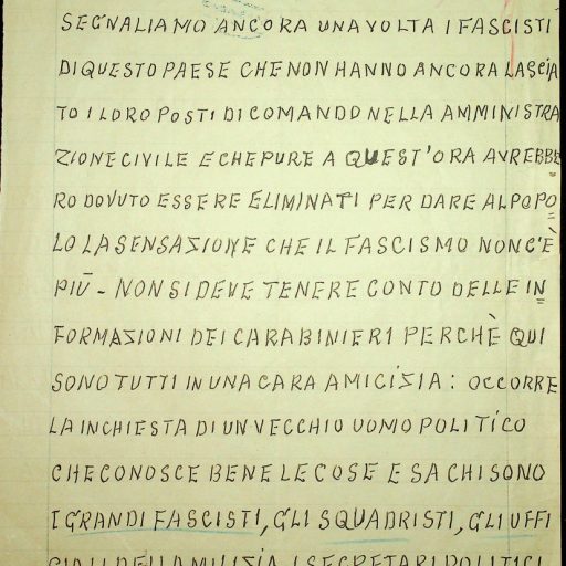 Prefettura, Gabinetto, II versamento, II elenco, B. 11
Chiaromonte, Marzo 1944
“Pratiche concernenti denunzie, informazioni e provvedimenti contro fascisti”.
Lettera anonima inviata al Prefetto di Potenza contro le cariche amministrative ancora assegnate ai fascisti.