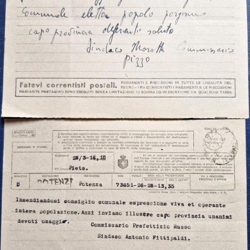 Telegrammi inviati alla Prefettura di Potenza dai neoletti sindaci di Trecchina e di Anzi, i quali esprimono l’esito positivo e la partecipazione alla votazione delle amministrative del marzo 1946 che ha portato al loro insediamento nei rispettivi Comuni.
Prefettura, Gabinetto, II versamento, II elenco, III Categoria, Elezioni dei deputati all'Assemblea costituente, b. 3, f. 13
