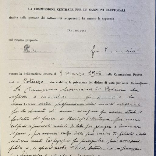 Verbale della Commissione Centrale per le sanzioni elettorali, seduta dello 04/11/1946 in merito al ricorso presentato da L. C. per la sentenza contro la deliberazione emessa il giorno 09/03/1946 
Prefettura, Gabinetto, II versamento, II elenco, IV Categoria, Partito nazionale fascista, associazioni varie; 1946, b. 9, F. 6
