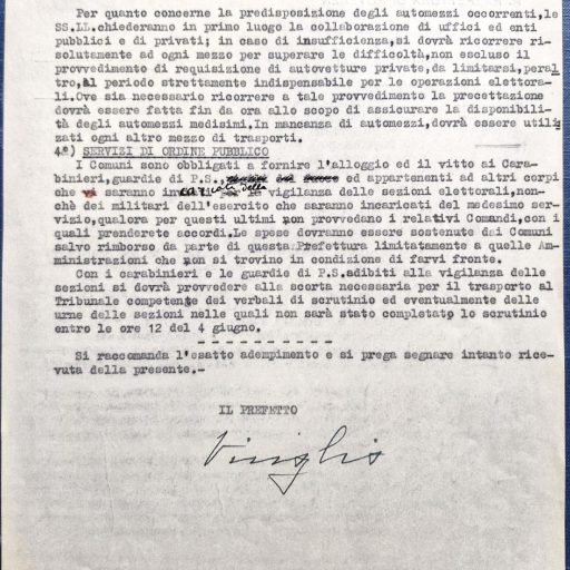 Comunicazione della Prefettura di Potenza ai sindaci e commissari prefettizi della provincia riguardo l’invio dei risultati delle elezioni per l’Assemblea Costituente e del Referendum istituzionale. La circolare, firmata dal prefetto Virgilio, è indirizzata ai sindaci e commissari prefettizi dei comuni della provincia di Potenza, con cui si richiede l'invio alla Prefettura dei risultati delle votazioni relative all’elezione dei deputati per l’Assemblea Costituente e al Referendum istituzionale. 
Prefettura, Gabinetto, II versamento, II elenco, III Categoria, Elezioni dei deputati all'Assemblea costituente, b. 3, f. 13
