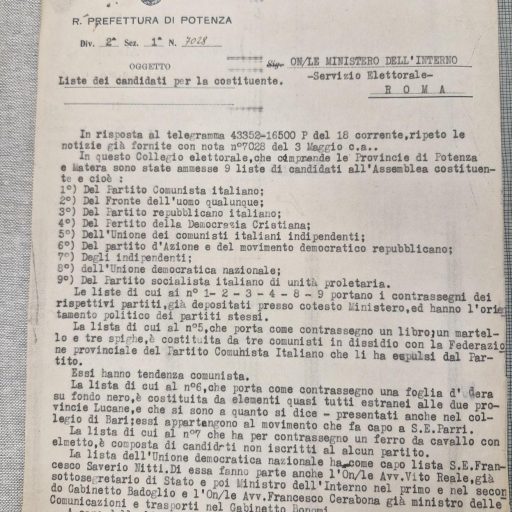 Comunicazione della Prefettura di Potenza, firmata dal Prefetto Virgilio, indirizzata all’Ufficio dell’Ispettorato Generale del Ministero dell’Interno di Napoli, nella persona di Luigi delli Santi Gonzaga Cimaglia, con la quale si trasmettono i risultati del referendum istituzionale e dell’elezione dell’Assemblea costituente nei collegi di Potenza e Matera. Potenza, 10/06/1946
Prefettura, Gabinetto, II versamento, II elenco, III Categoria, Elezioni dei deputati all’Assemblea costituente, b. 3, f. 13
